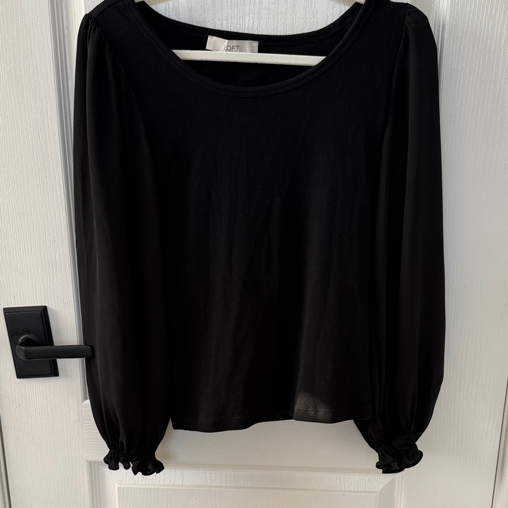 LOFT Black Blouse with Flowy Gathered Sleeves
